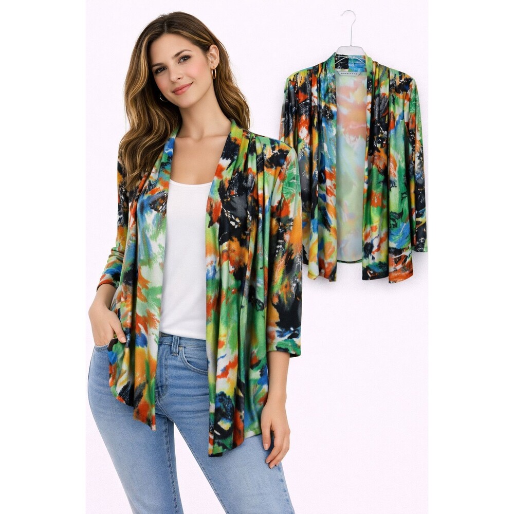 Peter Nygard Topper Cardigan Size Medium Multi Color Abstract 3/4 Sleeve Stretch